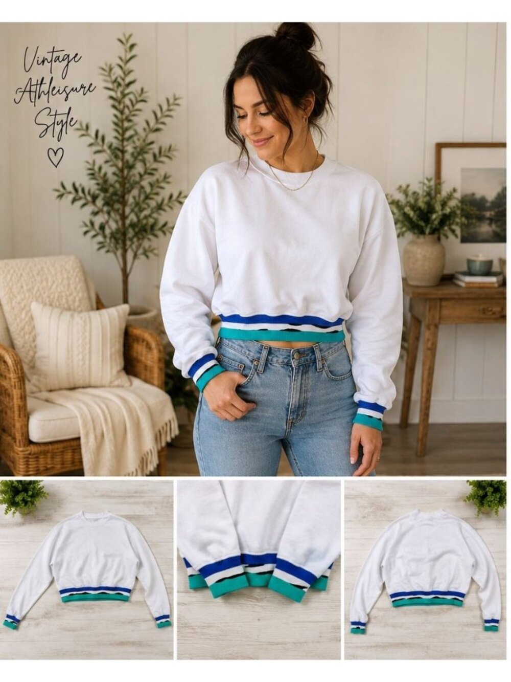 DSG White Sweatshirt S Multicolor Striped Ribbed Hem & Cuffs Long Sleeve Casual
